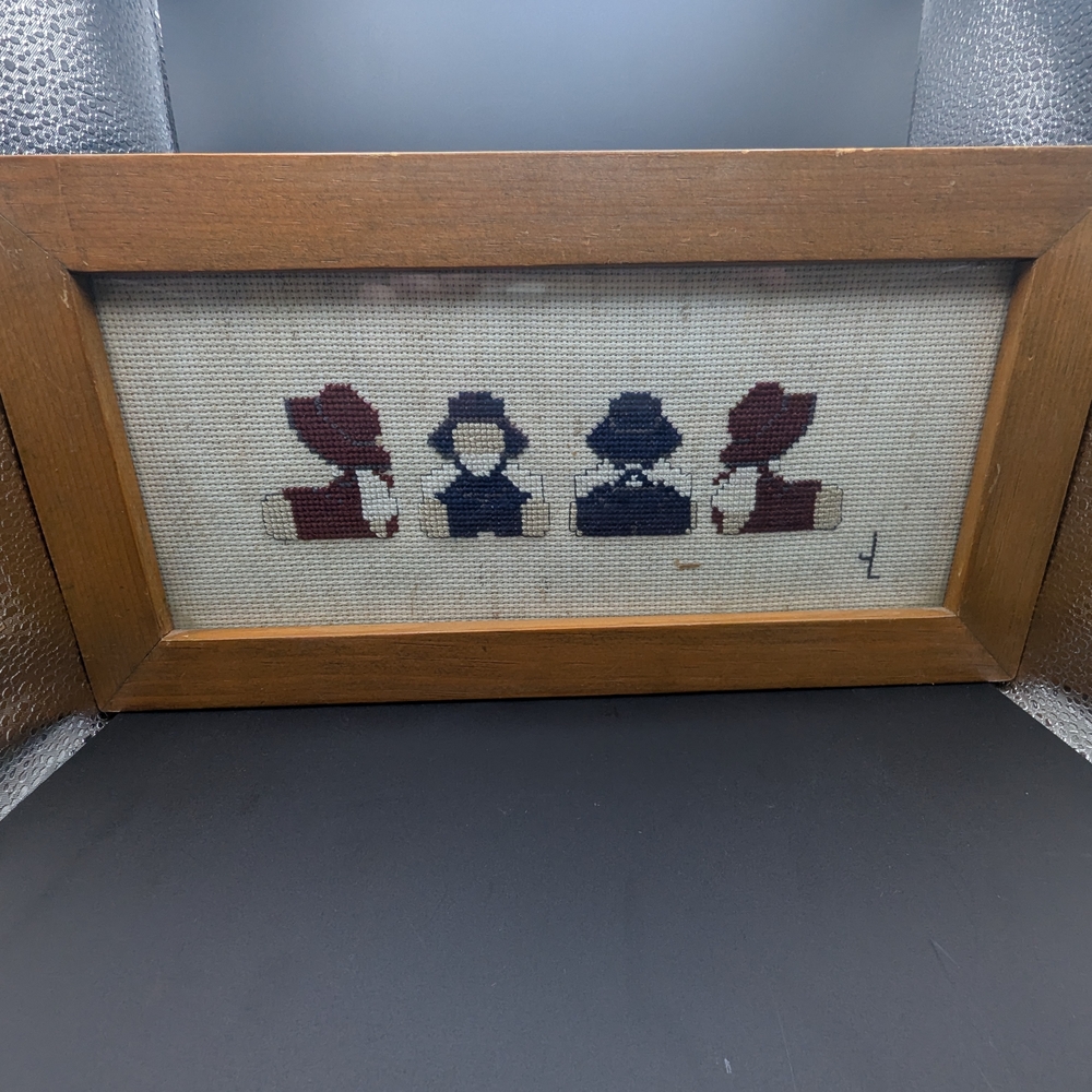 Handcrafted Cross-Stitch Art Amish Children Blue And Red